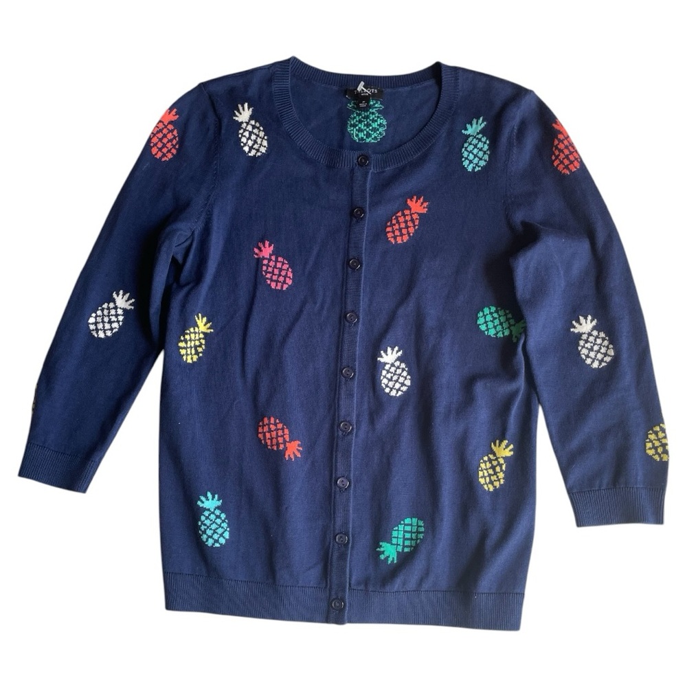 3/$18 Talbots Pineapple Navy Cardigan Button Up Petite